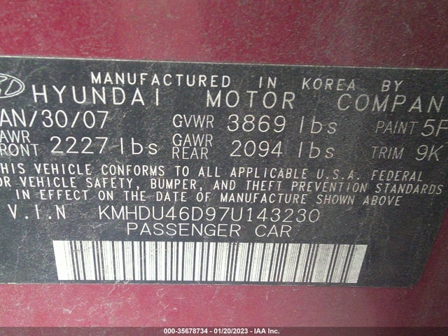 2007 HYUNDAI ELANTRA GLS/SE/LTD VIN: KMHDU46D97U143230