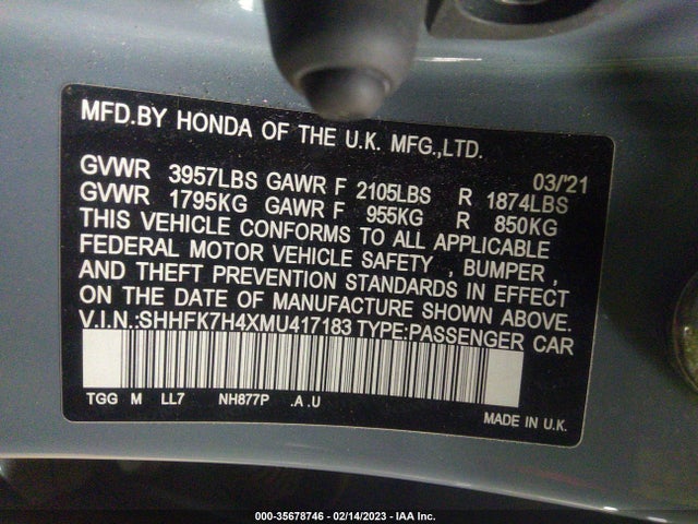 2021 Honda Civic, VIN: SHHFK7H4XMU417183