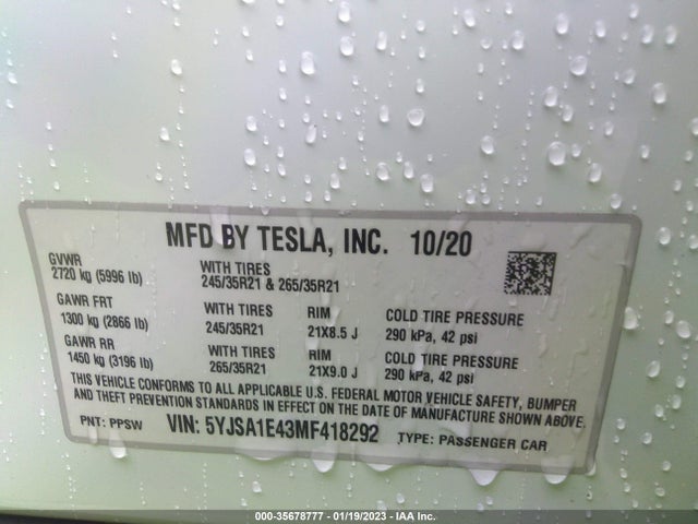 Tesla Model S Performance 2021 5YJSA1E43MF418292 Image 9
