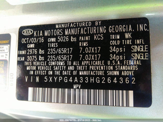 2017 Kia Sorento, VIN: 5XYPG4A33HG264362