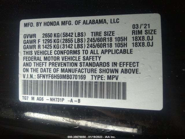 Honda Pilot Awd Ex-l 2021 5FNYF6H59MB070169 Image 9