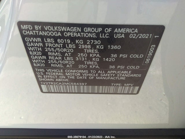 2021 Volkswagen Atlas, VIN: 1V2TR2CA2MC564397