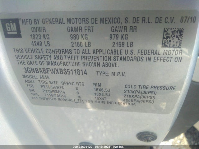 2011 CHEVROLET HHR LT W/1LT VIN: 3GNBABFWXBS511814