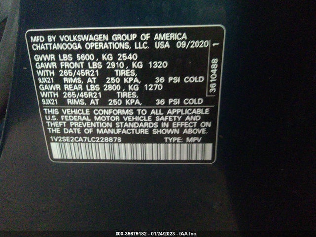 2020 Volkswagen Atlas, VIN: 1V2SE2CA7LC228878