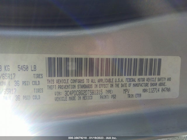 2013 DODGE JOURNEY SXT VIN: 3C4PDCBG2DT581315