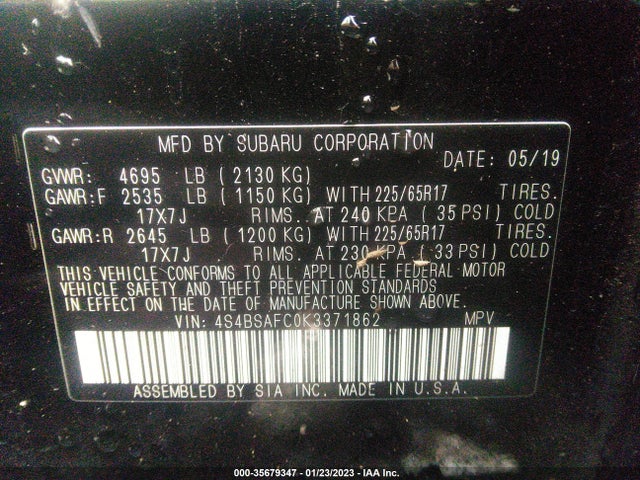 2019 SUBARU OUTBACK PREMIUM VIN: 4S4BSAFC0K3371862