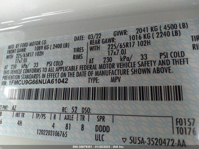 2022 Ford Escape, VIN: 1FMCU9G66NUA61042