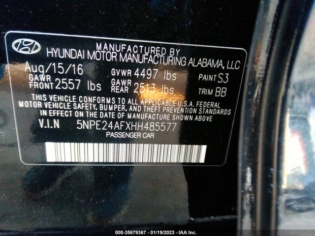 2017 HYUNDAI SONATA SE VIN: 5NPE24AFXHH485577