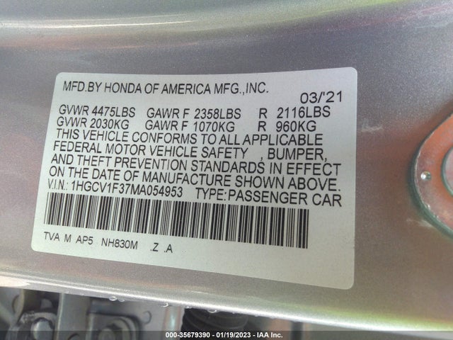 Honda Accord Sedan Sport 2021 1HGCV1F37MA054953 Image 9