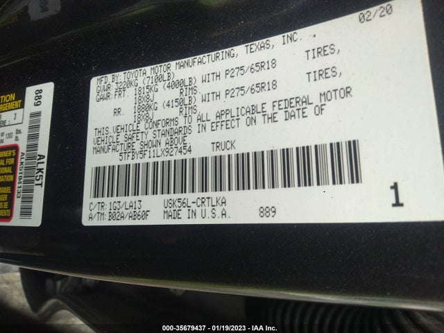 2020 Toyota Tundra, VIN: 5TFBY5F11LX927454