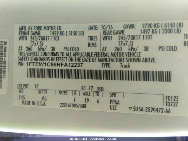 2017 FORD F-150 XL/XLT VIN: 1FTEW1C86HFA12237