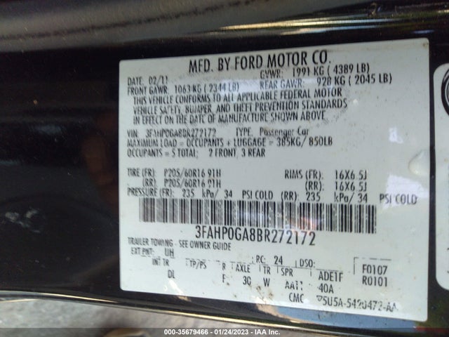 2011 FORD FUSION S VIN: 3FAHP0GA8BR272172