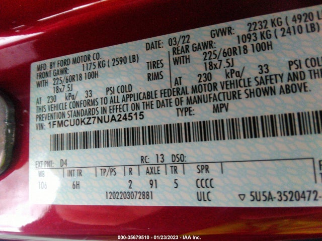 2022 Ford Escape, VIN: 1FMCU0KZ7NUA24515