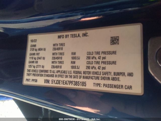 5YJ3E1EA7PF385185 Tesla MODEL 3