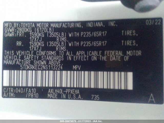 2022 Toyota Sienna, VIN: 5TDKRKEC2NS113224