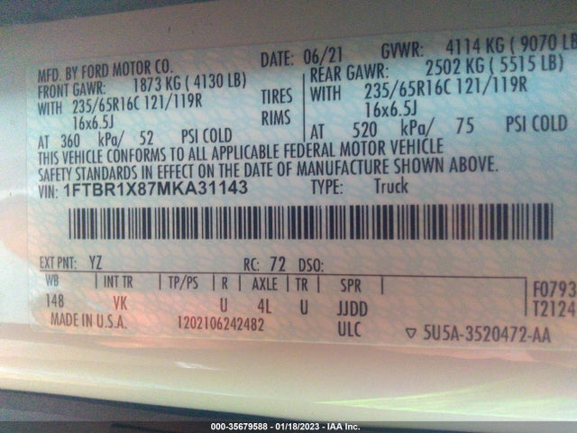 2021 Ford Transit, VIN: 1FTBR1X87MKA31143