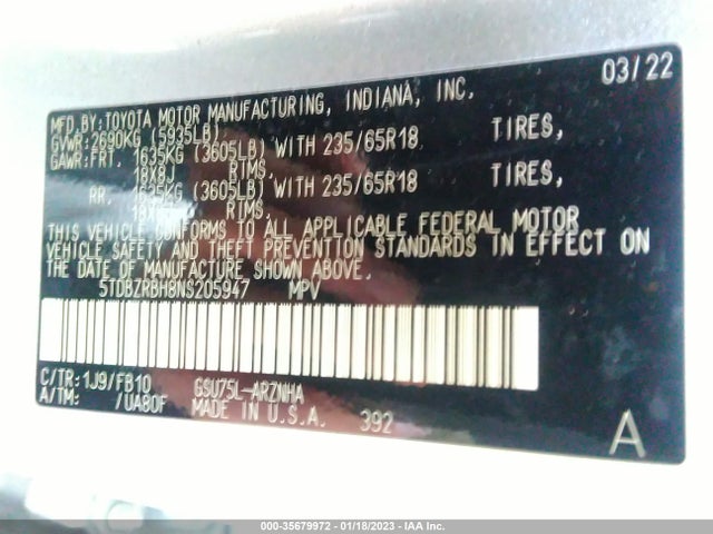2022 Toyota Highlander, VIN: 5TDBZRBH8NS205947