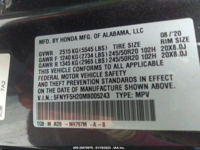 2021 HONDA PILOT SPECIAL EDITION VIN: 5FNYF5H20MB005243