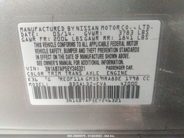 2014 NISSAN SENTRA S/FE+ S/SV/FE+ SV/SR/SL VIN: 3N1AB7AP5EY246321