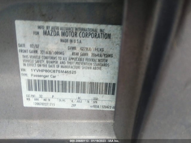 2007 MAZDA MAZDA6 I SPORT VE VIN: 1YVHP80C875M46525