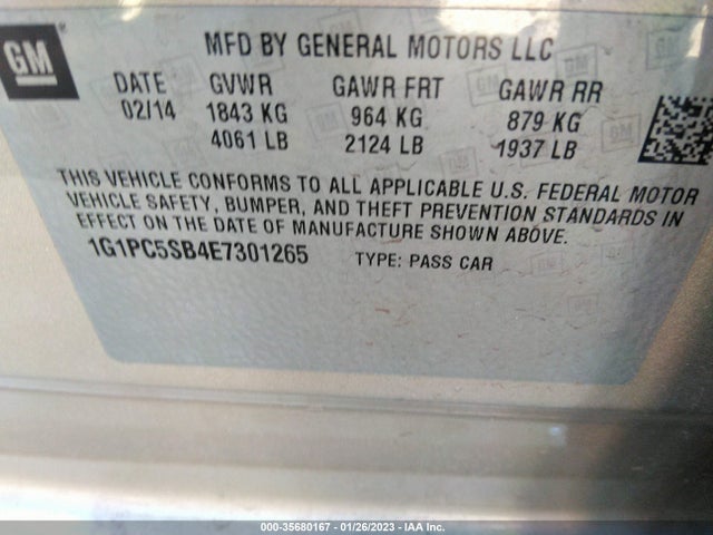 2014 CHEVROLET CRUZE 1LT VIN: 1G1PC5SB4E7301265
