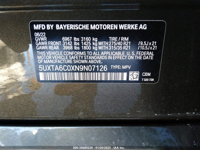 2022 BMW X5, VIN: 5UXTA6C0XN9N07126