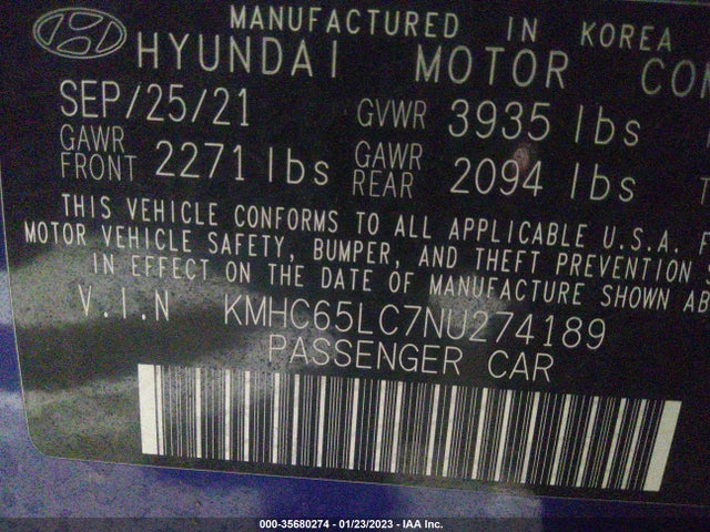 2022 Hyundai Ioniq, VIN: KMHC65LC7NU274189