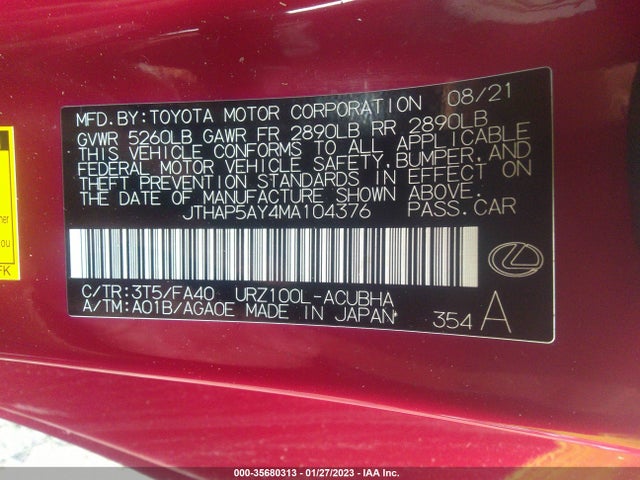 2021 Lexus LC, VIN: JTHAP5AY4MA104376