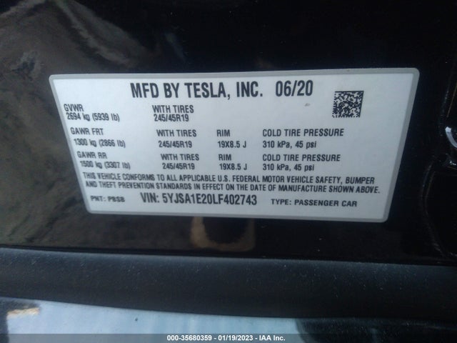 Tesla Model S Long Range 2020 5YJSA1E20LF402743 Image 9