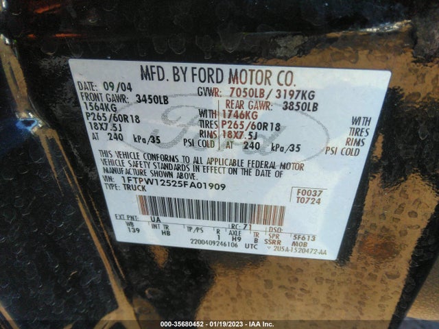 2005 FORD F-150 XLT/LARIAT/KING RANCH VIN: 1FTPW12525FA01909