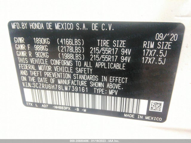 2020 HONDA HR-V EX-L VIN: 3CZRU6H78LM739161
