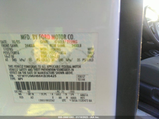 2006 FORD ESCAPE HYBRID VIN: 1FMYU96H66KB36425