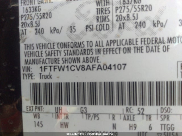 2010 FORD F-150 XL/XLT VIN: 1FTFW1CV8AFA04107