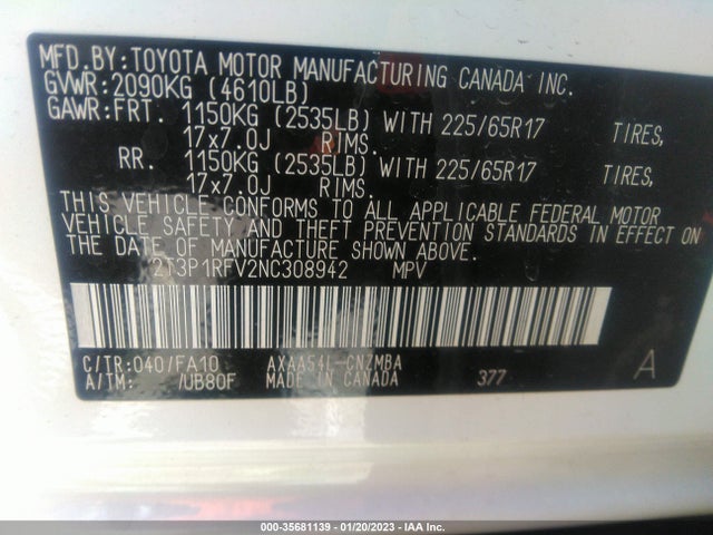 2022 TOYOTA RAV4 XLE VIN: 2T3P1RFV2NC308942