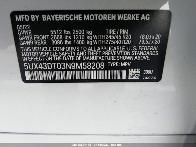 2022 BMW X4, VIN: 5UX43DT03N9M58208