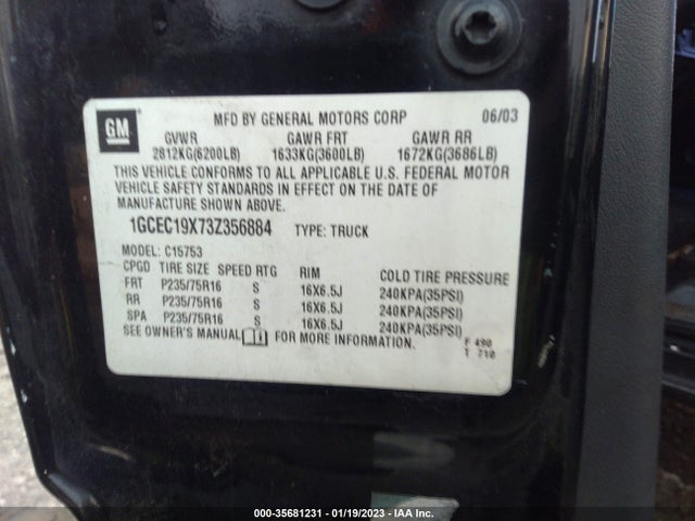 2003 CHEVROLET SILVERADO 1500 WORK TRUCK VIN: 1GCEC19X73Z356884