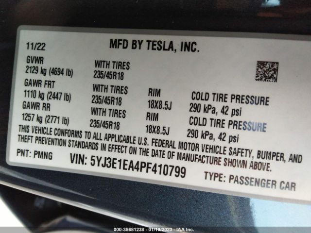 5YJ3E1EA4PF410799 Tesla MODEL 3