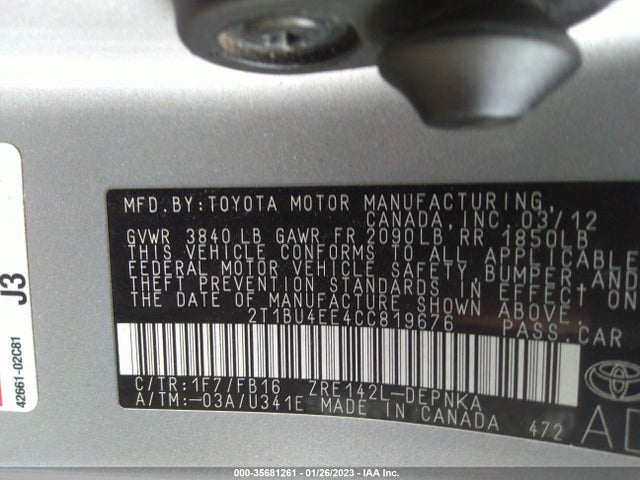 2012 TOYOTA COROLLA L/LE/S VIN: 2T1BU4EE4CC819676