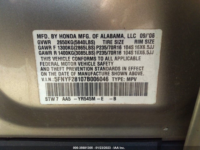 2007 HONDA PILOT LX VIN: 5FNYF28107B006046