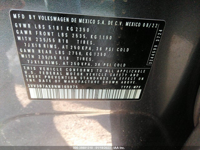 2022 VOLKSWAGEN TIGUAN SE VIN: 3VV3B7AX8NM169975