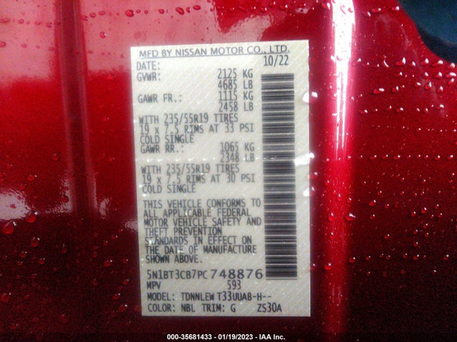 2023 NISSAN ROGUE SL VIN: 5N1BT3CB7PC748876