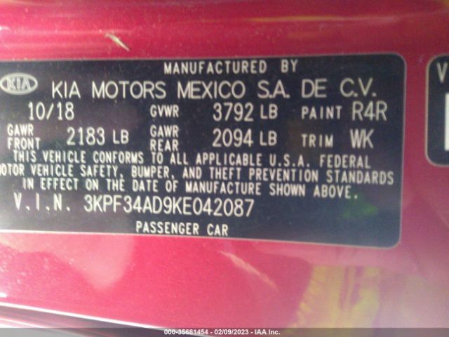 3KPF34AD9KE042087 KIA FORTE S