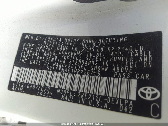 Toyota COROLLA LE 2021 5YFEPMAE1MP226756 Image 9