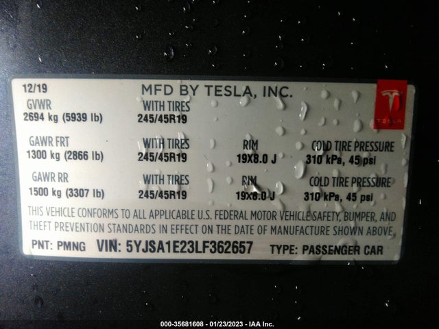 2020 Tesla Model S, VIN: 5YJSA1E23LF362657