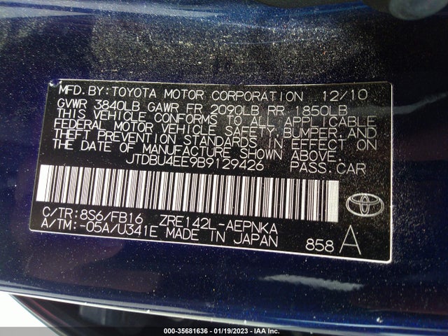 2011 TOYOTA COROLLA L/LE/S VIN: JTDBU4EE9B9129426
