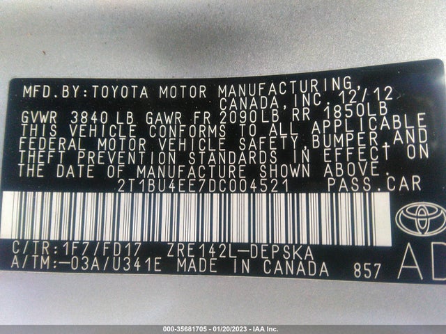 2013 TOYOTA COROLLA L/LE/S VIN: 2T1BU4EE7DC004521