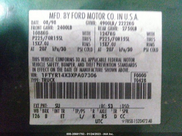 1999 FORD RANGER XLT VIN: 1FTYR14X3XPA07306