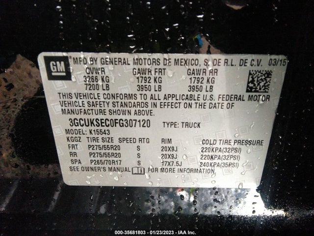 2015 CHEVROLET SILVERADO 1500 LTZ VIN: 3GCUKSEC0FG307120