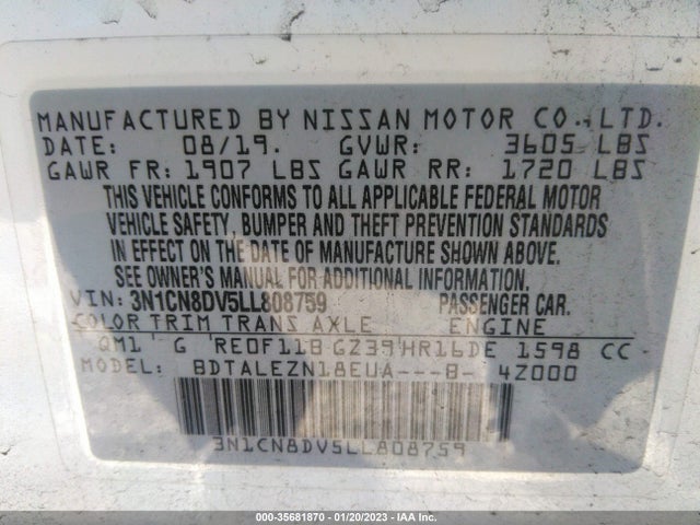 2020 Nissan Versa, VIN: 3N1CN8DV5LL808759