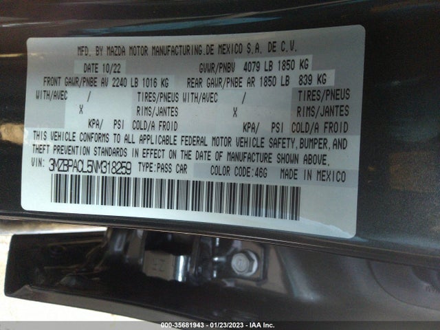 2022 Mazda 3, VIN: 3MZBPACL5NM318259
